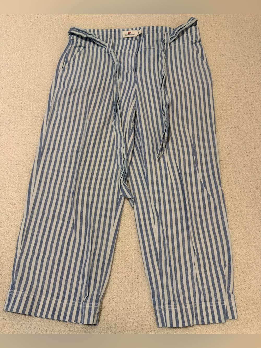vineyard vines Striped Pants Blue White Size 8 Linen Tie Waist
